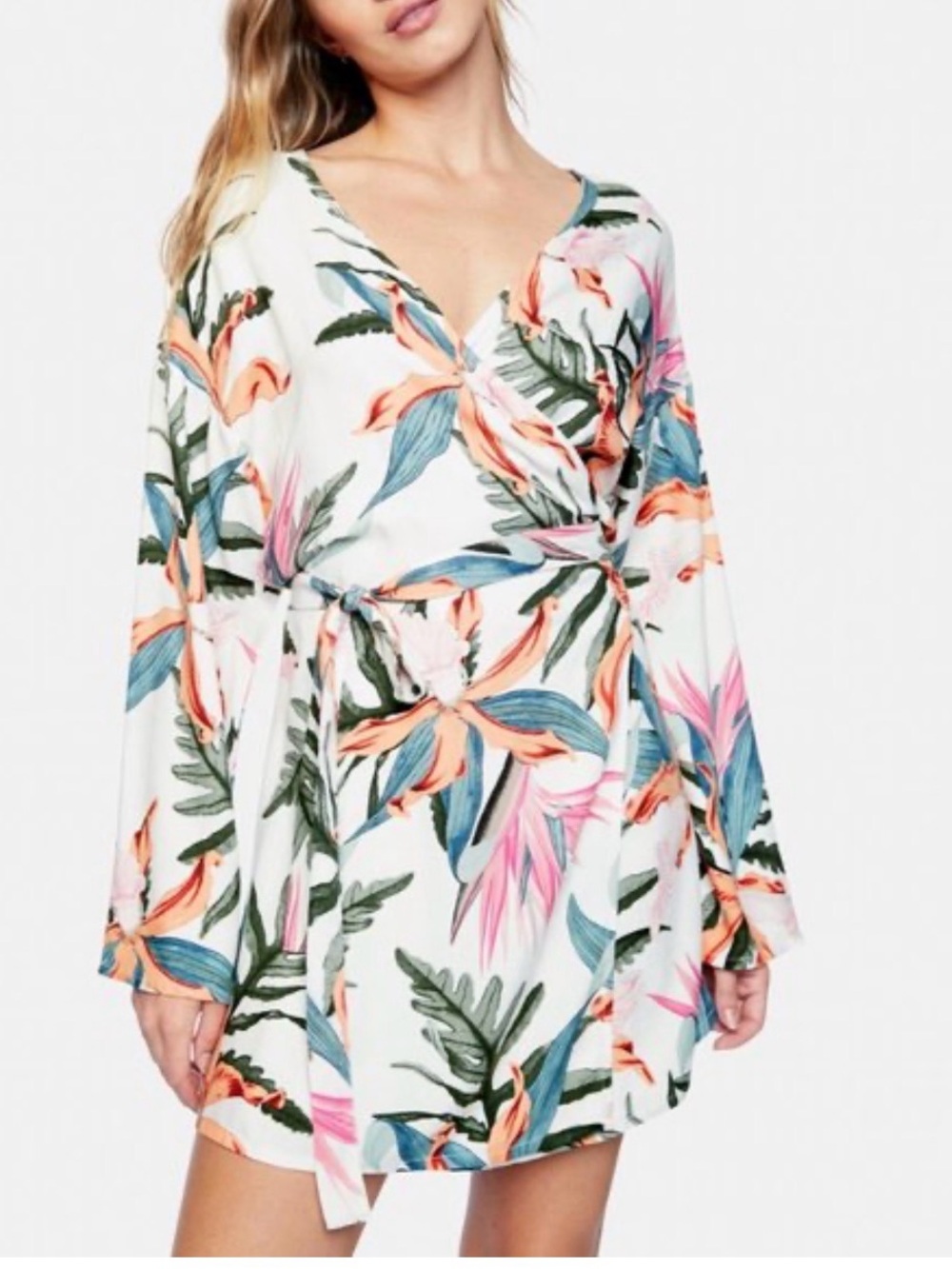 0045 Hurley White Floral Mini Dress with Coral and Green Print - Picture 2 of 5